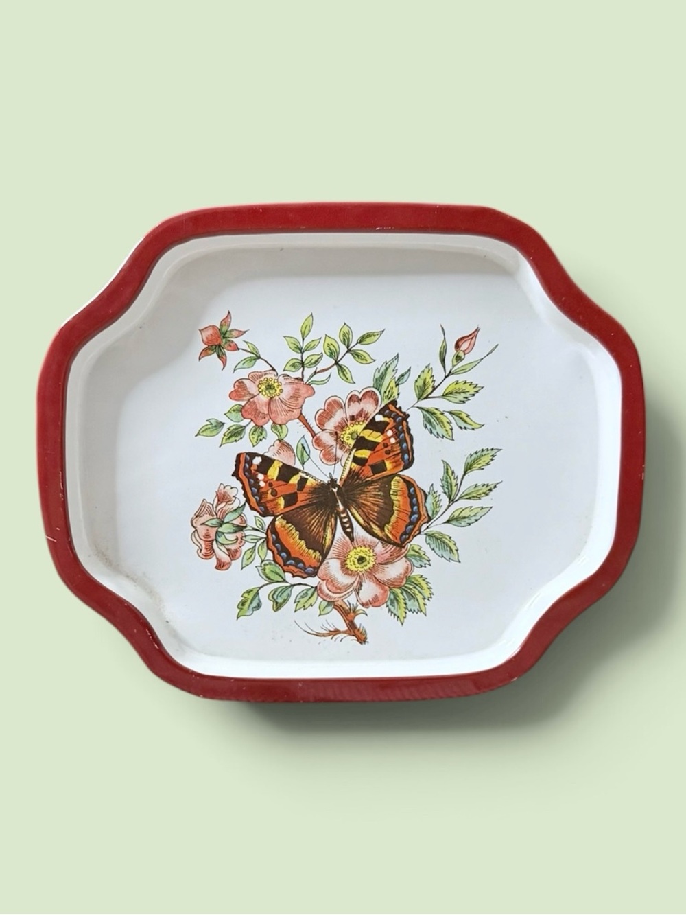Vintage Butterfly Tray Flowers Mini Metal Jewelry Catchall Rolling MCM 70s